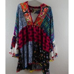 Anandas Collection Boho Patchwork Tunic Mini Dress Size XXL Multicolor Pom Pom